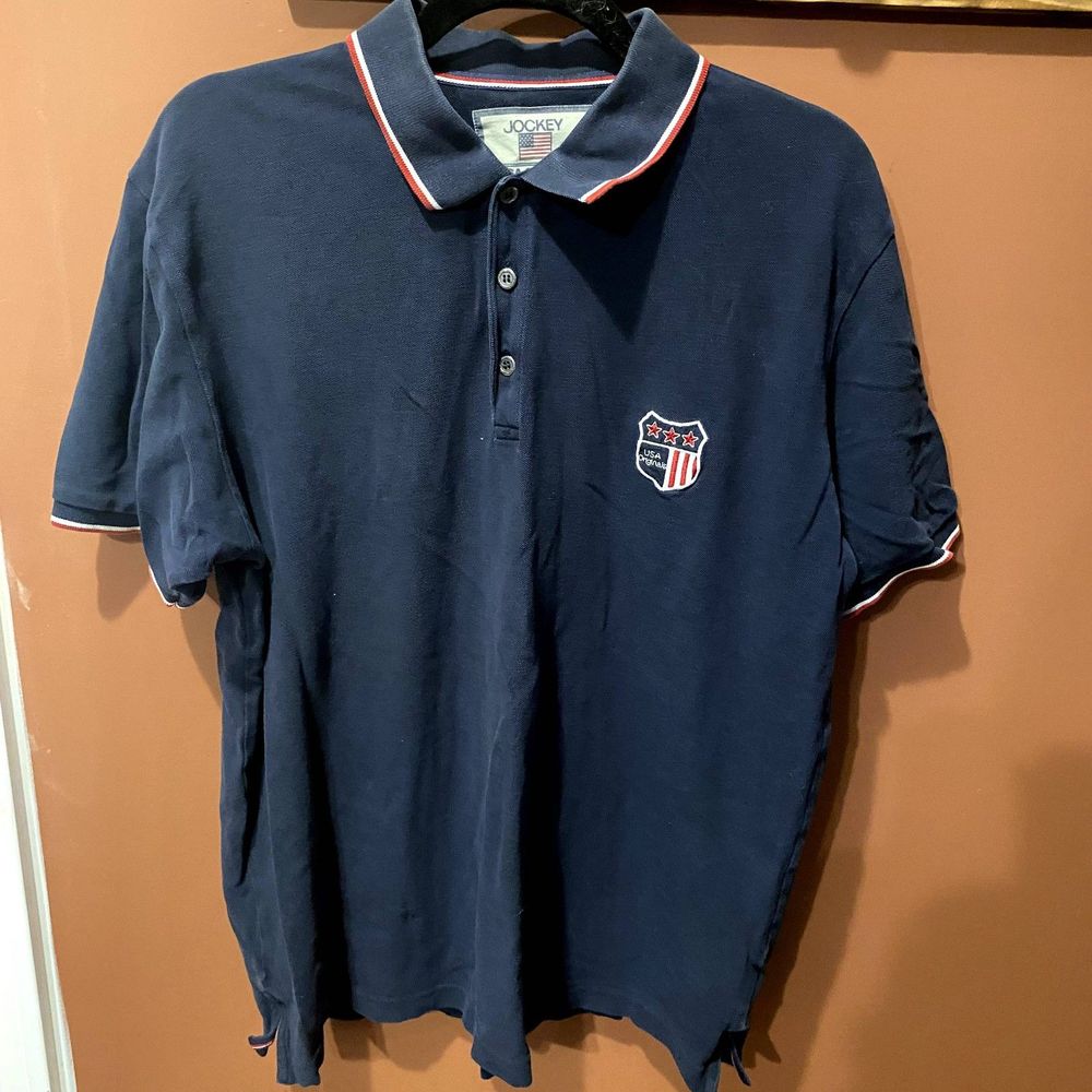 GUC JOCKEY USA ORIGINALS VINTAGE MENS NAVY BLUE POLO SHORT SLEEVE SHIRT SIZE XL